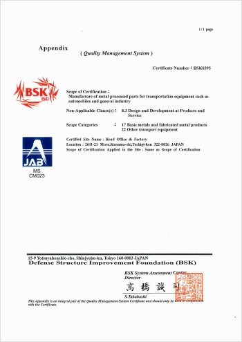 Manufacture of metal processed parts for transportation equipment such as automobiles and general industry Appendix (Quality Management System)